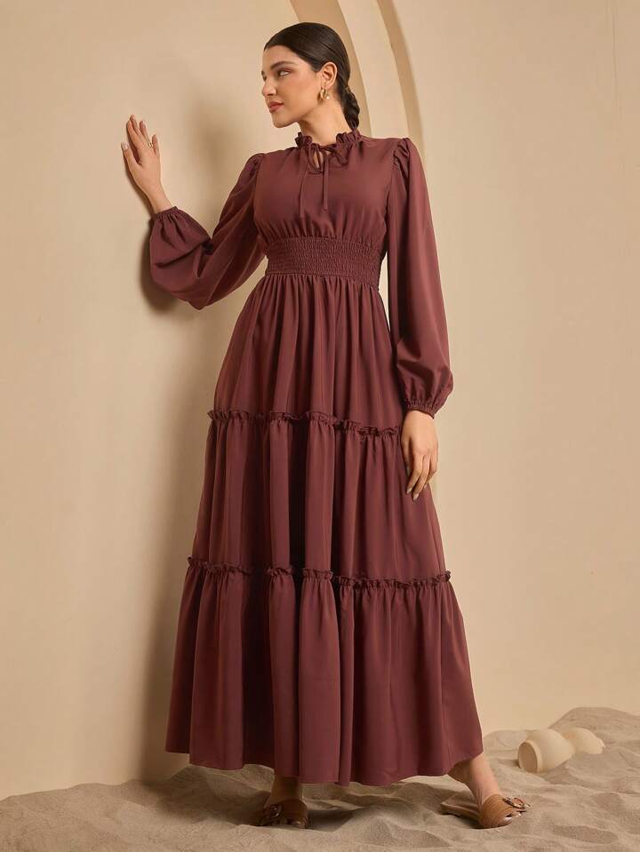 Women's Extra Long Ruffled Tiered A-Line Waist Cinching Long Dress