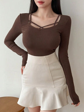 Women's Solid Color Simple Daily Crossed Strap Long Sleeve T-Shirt