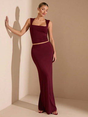 Summer Seaside  Solid Burgundy Square Neck Stretch Top Suit Skirt Suit