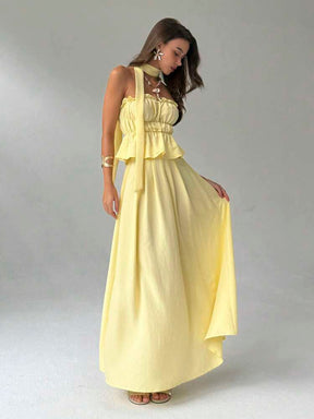 Women Summer Simple Solid Color Pleated Chest Ruffles Hem Tube Top And Long Skirt Set With Scarf
