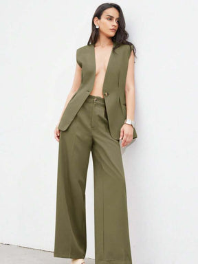 Minimalist office wear v-neck cinched waist west two piece set