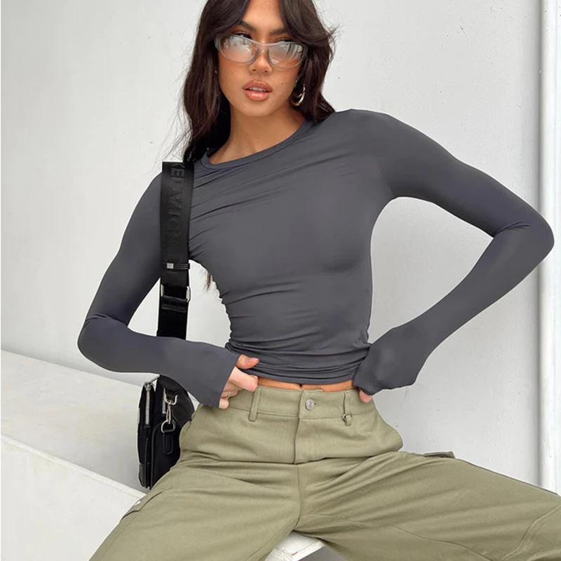 Women Plain Crew Neck Long Sleeve Ruched Fitted Slim Fit T-Shirt