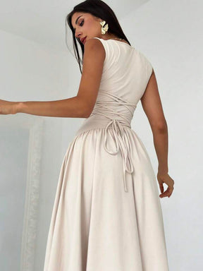 Elegant Asymmetrical Patchwork Ruched Back Tie Waist Dress