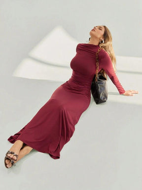 Women Assymetric Ruched long Sleeves A line tigh dress