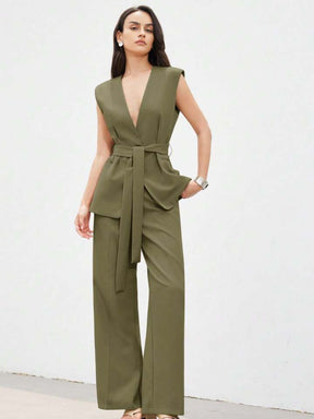 Minimalist office wear v-neck cinched waist west two piece set