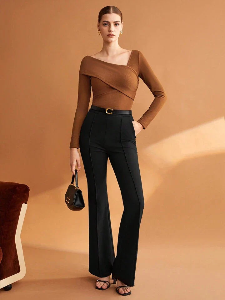 Women Solid Elastic Foldable Slim Asymmetric Collar Long Sleeve Casual Top