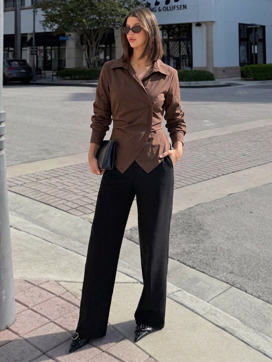 Women's Chocolate Striped Wrap Shirt Top