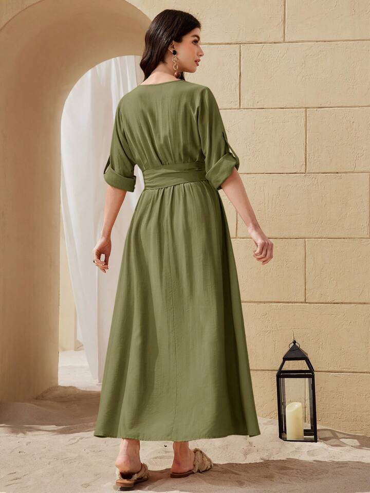 Women's V-Neck Solid Color Waist Belt And Tassel Decorated Elegant Arabic Summer Dress