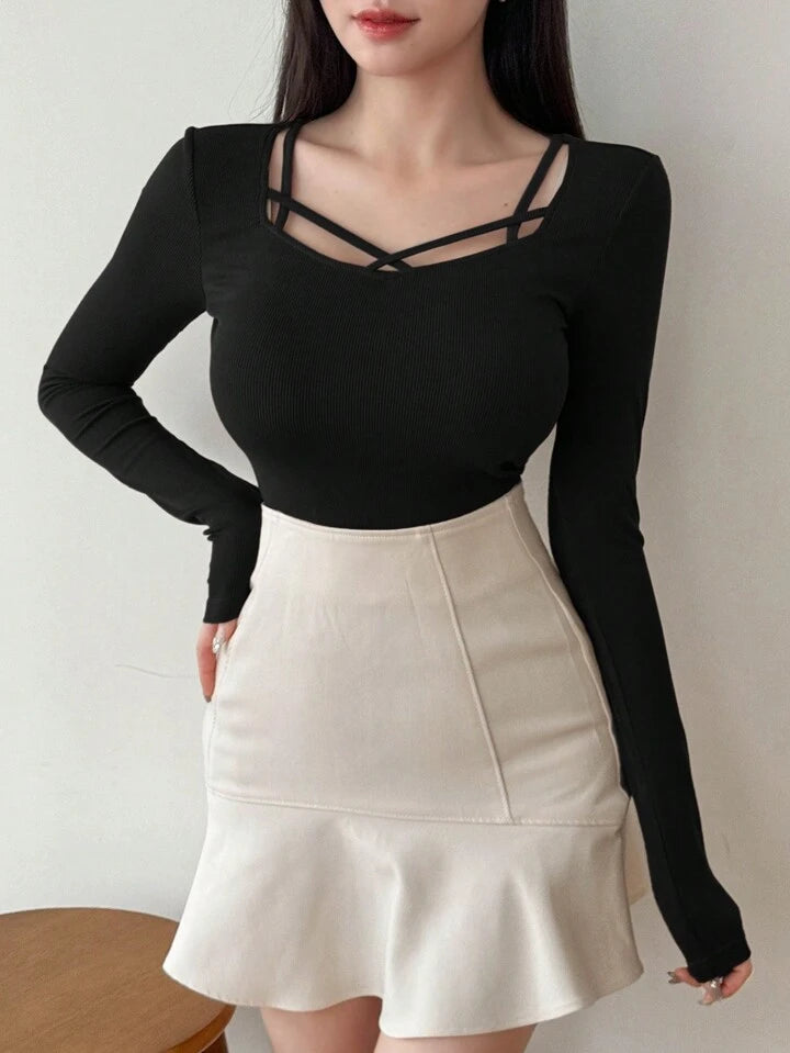 Women's Solid Color Simple Daily Crossed Strap Long Sleeve T-Shirt