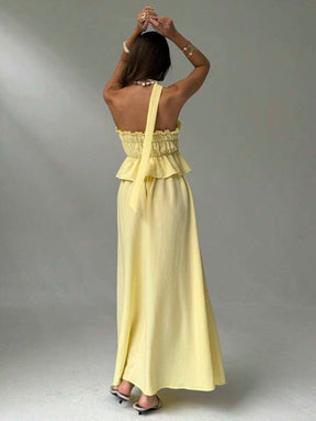 Women Summer Simple Solid Color Pleated Chest Ruffles Hem Tube Top And Long Skirt Set With Scarf