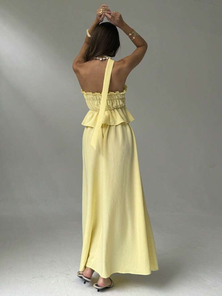 Women Summer Simple Solid Color Pleated Chest Ruffles Hem Tube Top And Long Skirt Set With Scarf