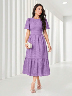 Women's Elegant Long Floral Embroidery Round Neck Ruffle Short Sleeve Dress