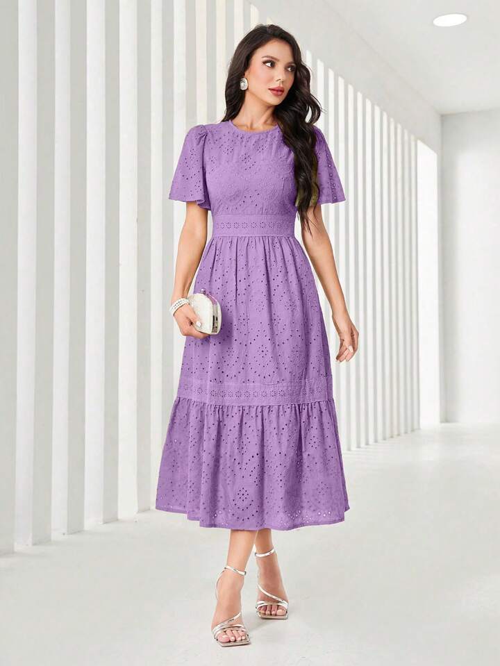 Women's Elegant Long Floral Embroidery Round Neck Ruffle Short Sleeve Dress