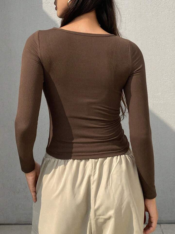 Women's Solid Color Button Front Long Sleeve Casual T-Shirt