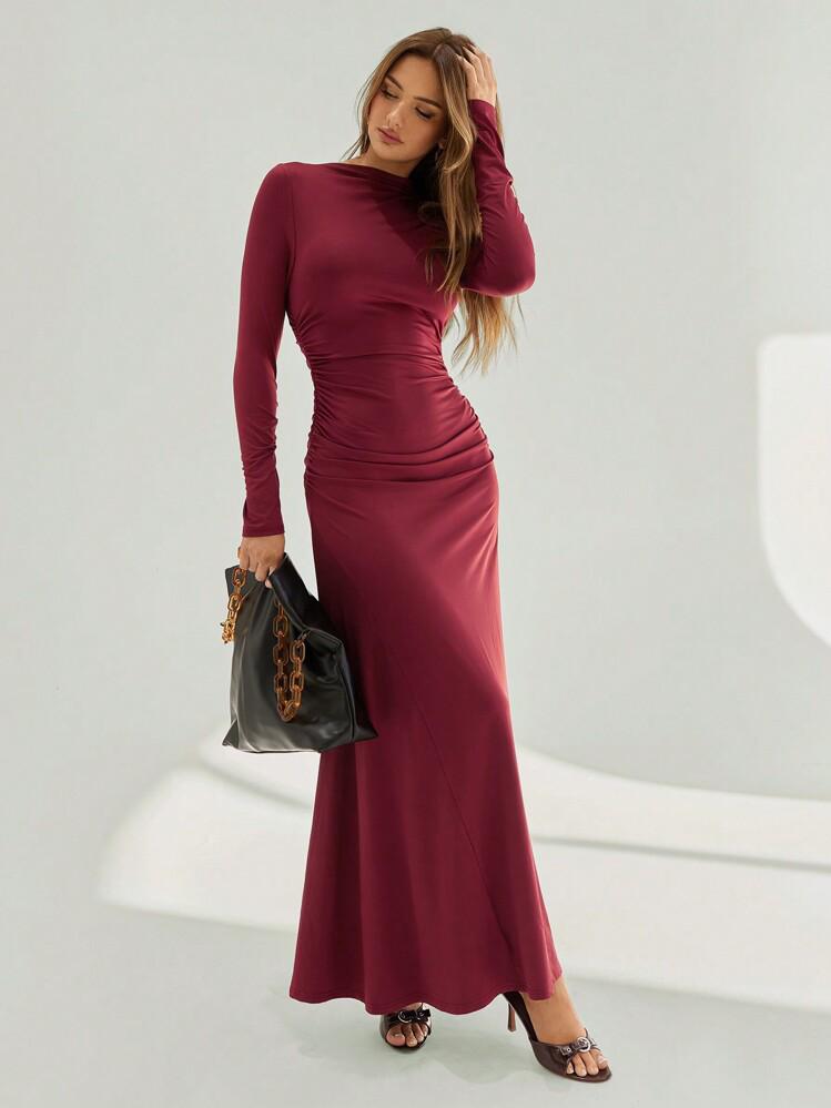 Women Assymetric Ruched long Sleeves A line tigh dress
