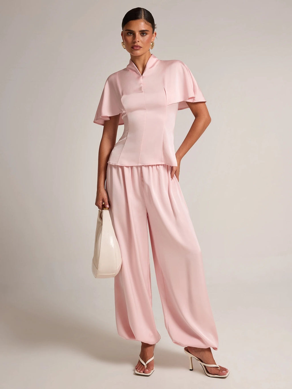BAE Baby Pink Satin Cape Sleeve Blazer Balloon Pants Set