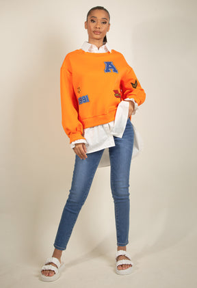 BADGE MOTIF SWEATSHIRT WITH SHIRT UNDERLAY