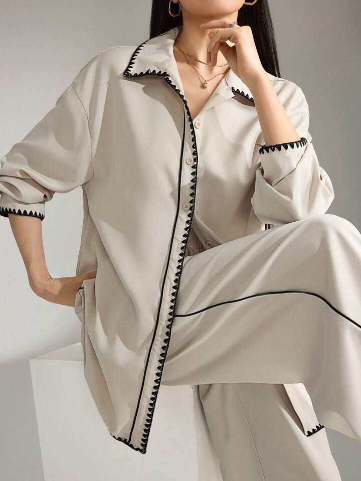 Casual Contrast Trim Shirt And Pant Women Full Sleeves Suit