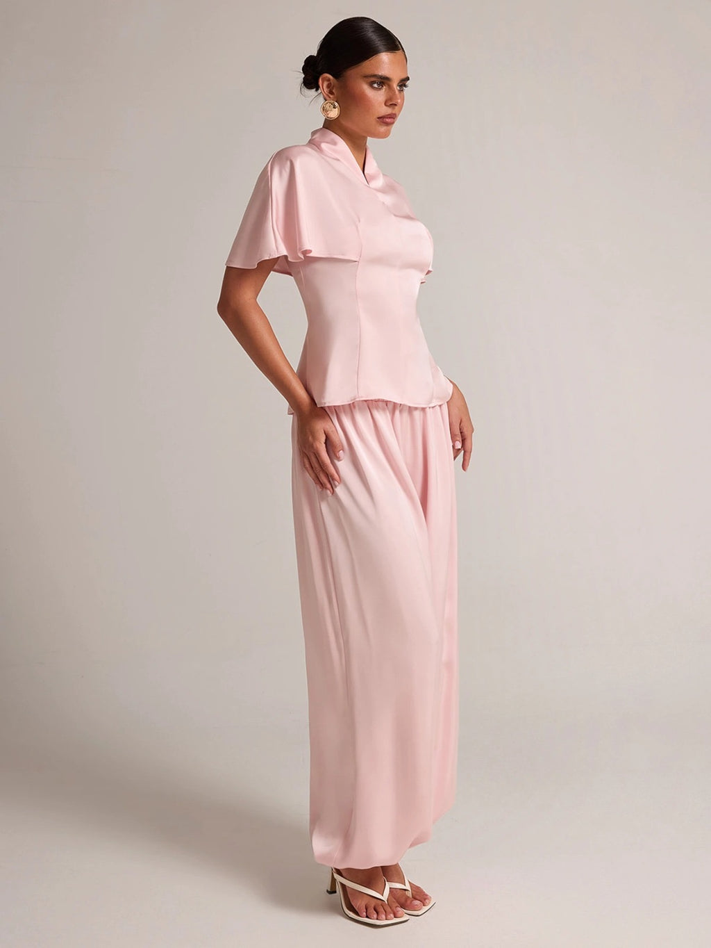BAE Baby Pink Satin Cape Sleeve Blazer Balloon Pants Set