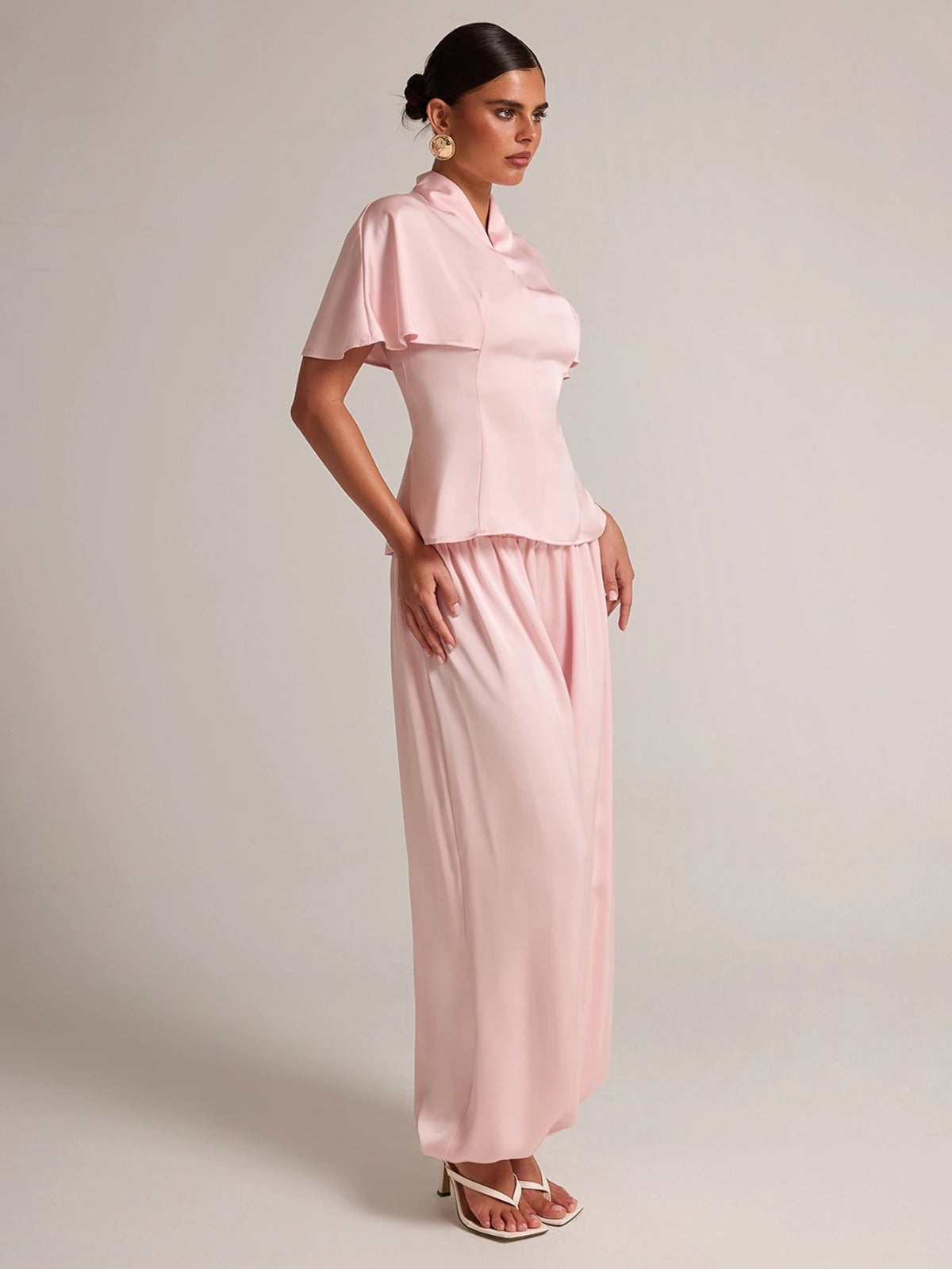 BAE Baby Pink Satin Cape Sleeve Blazer Balloon Pants Set