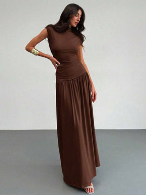 2PCS/SET STAND COLLAR RUCHED BLOUSE AND HIGH WAIST SKIRT SET