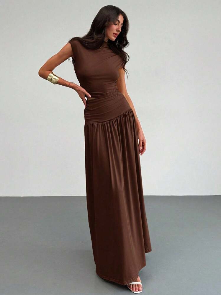 2PCS/SET STAND COLLAR RUCHED BLOUSE AND HIGH WAIST SKIRT SET
