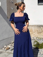 Solid Square Neck Bishop Sleeve Dress, Elegant