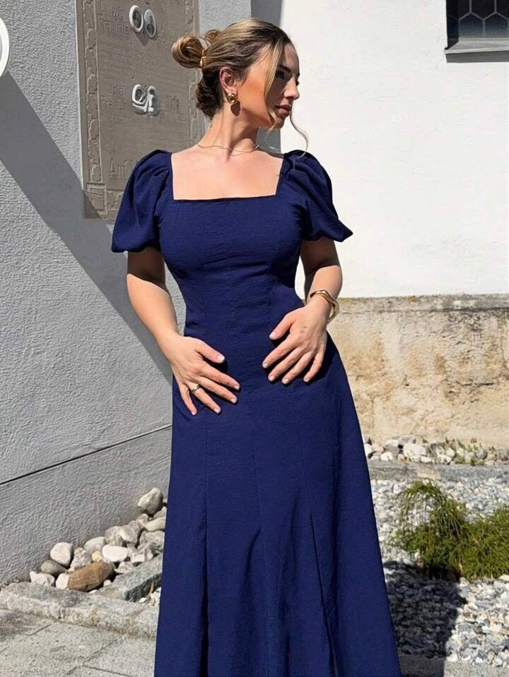 Solid Square Neck Bishop Sleeve Dress, Elegant