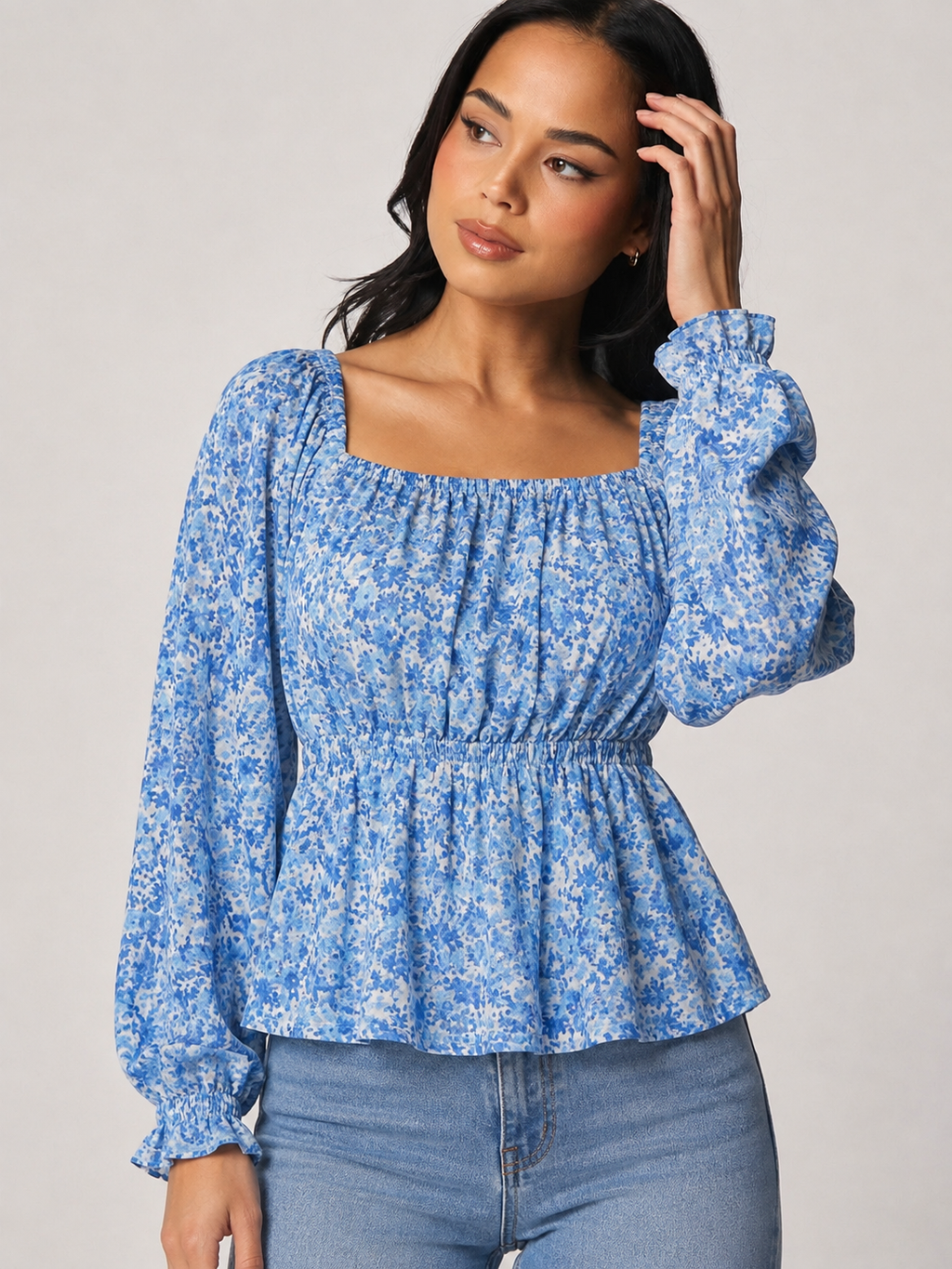 WOMEN DITSY FLORAL BACK BOW SQUARE  NECK FULL SLEEVES TOP