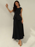 Women's Solid Color Single-Breasted Sleeveless Jacket And Pleated Mini Skirt Elegant Suit Set
