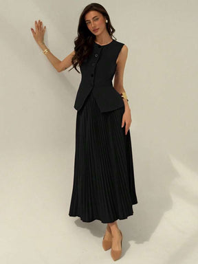 Women's Solid Color Single-Breasted Sleeveless Jacket And Pleated Mini Skirt Elegant Suit Set