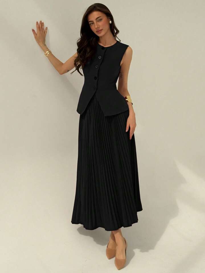 Women's Solid Color Single-Breasted Sleeveless Jacket And Pleated Mini Skirt Elegant Suit Set