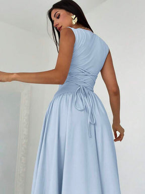 Elegant Asymmetrical Patchwork Ruched Back Tie Waist Dress