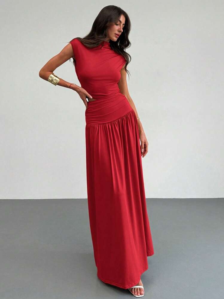 2PCS/SET STAND COLLAR RUCHED BLOUSE AND HIGH WAIST SKIRT SET