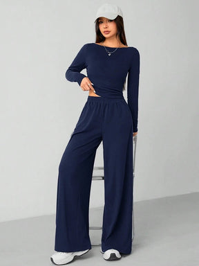 CASUAL 2PCS KNITTED SLIM TOP & WIDE LEG PANTS