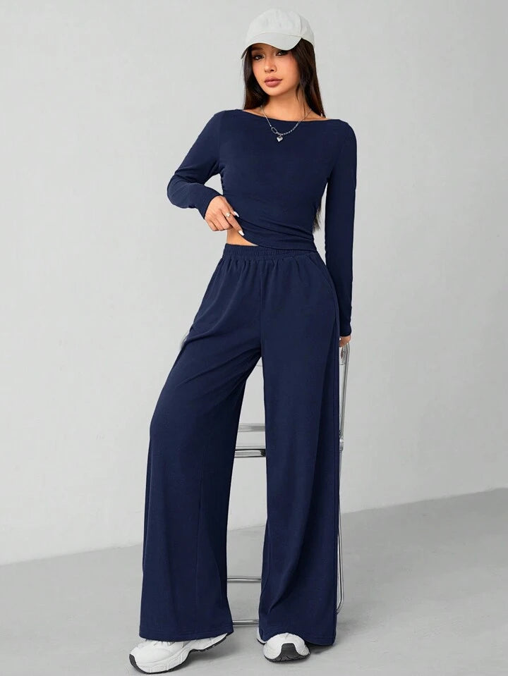 CASUAL 2PCS KNITTED SLIM TOP & WIDE LEG PANTS