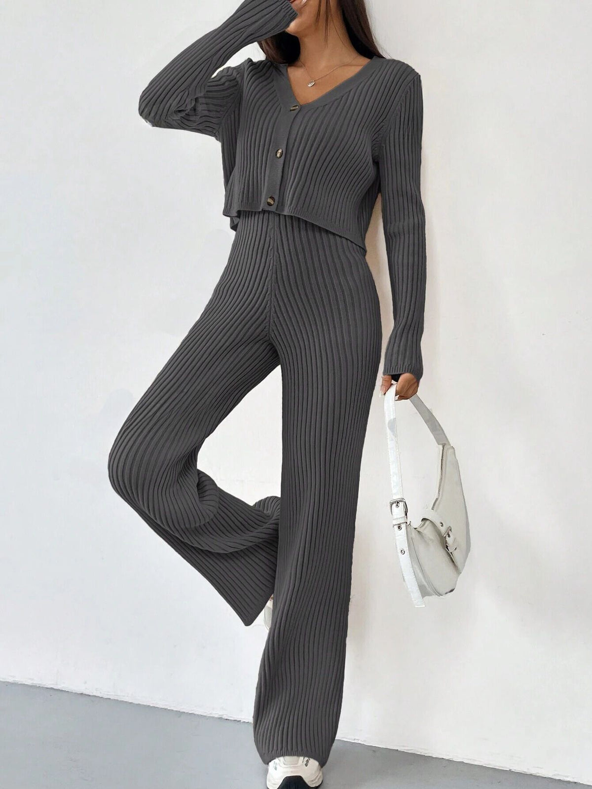 RIBBED KNIT CARDIGAN & KNITTED SOFT CO-ORD