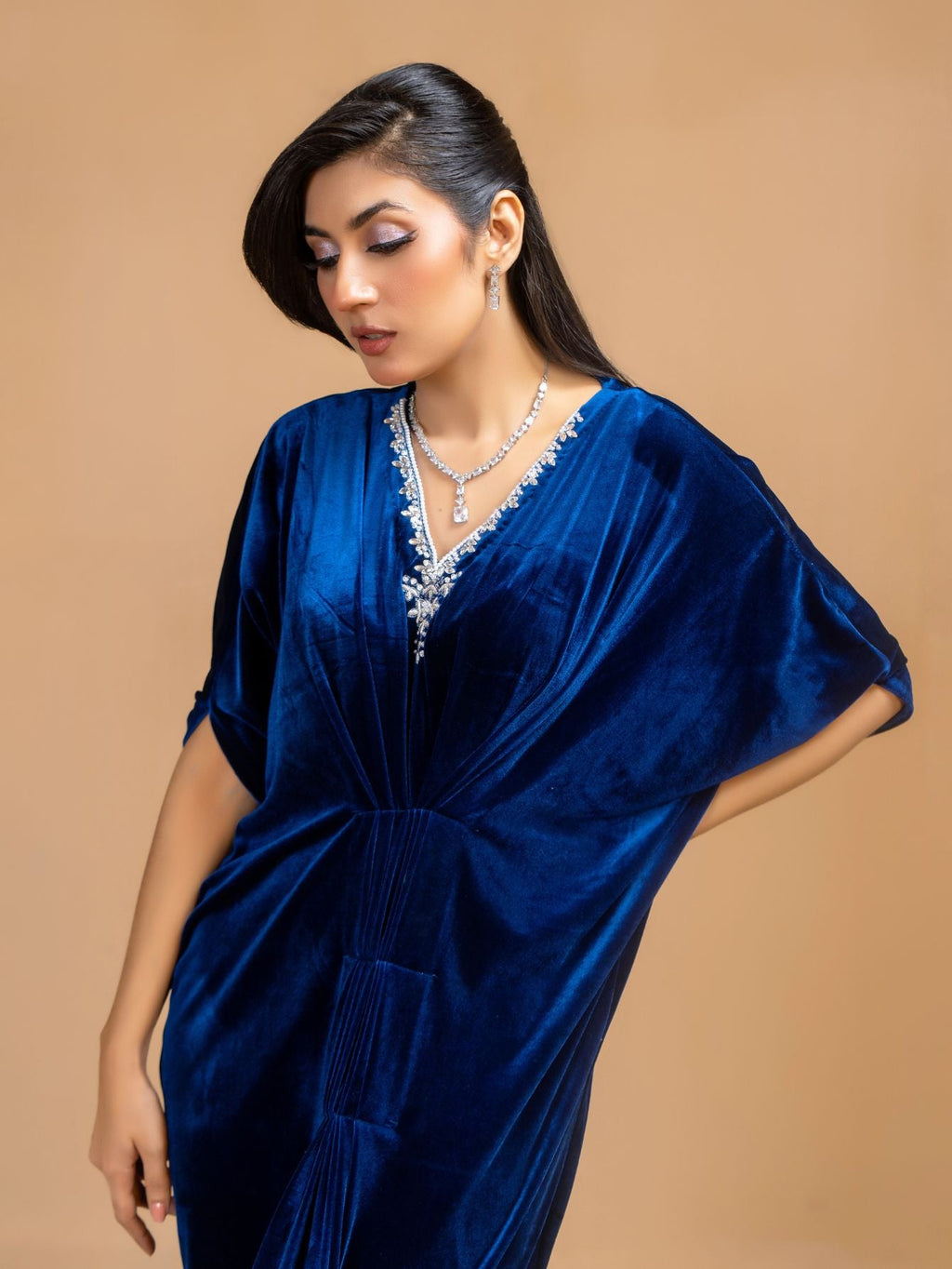 V NECK CONTRAST TAPE SPLIT HEM VELVET MODEST LONG SLEEVES DRESS
