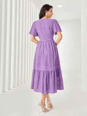 Women's Elegant Long Floral Embroidery Round Neck Ruffle Short Sleeve Dress