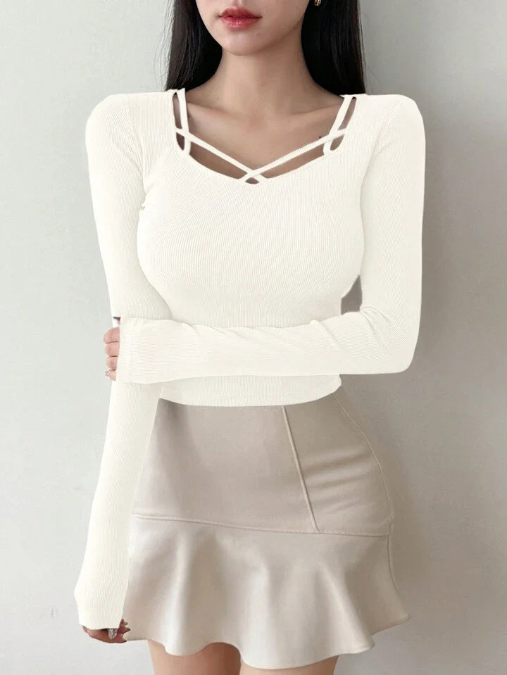 Women's Solid Color Simple Daily Crossed Strap Long Sleeve T-Shirt
