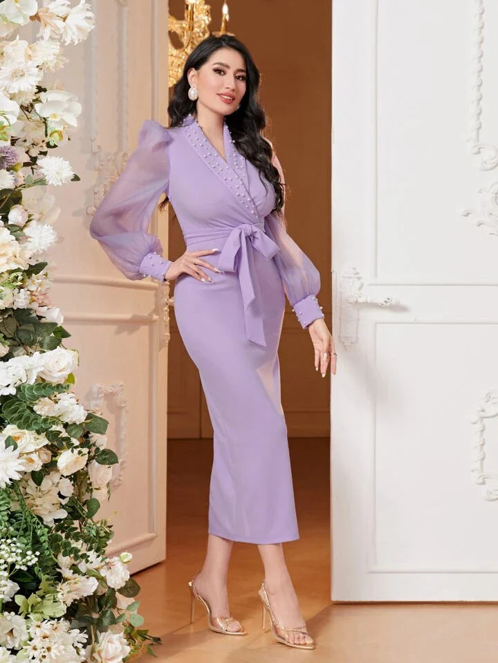 Shawl Collar Lantern Sleeve Pearl Beaded Belted Long Dress