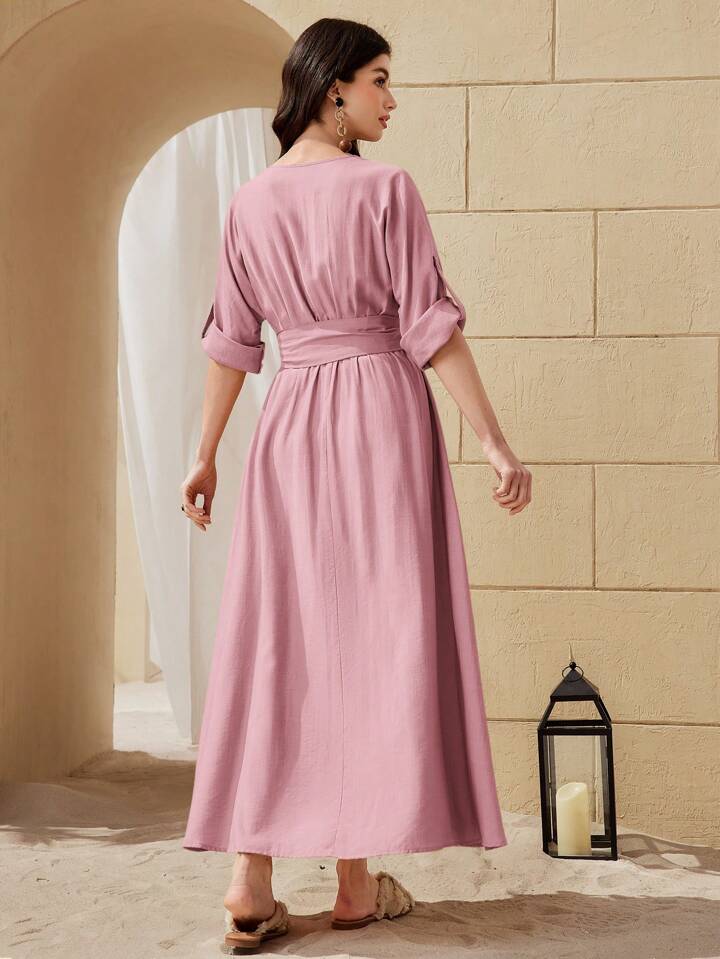 Women's V-Neck Solid Color Waist Belt And Tassel Decorated Elegant Arabic Summer Dress