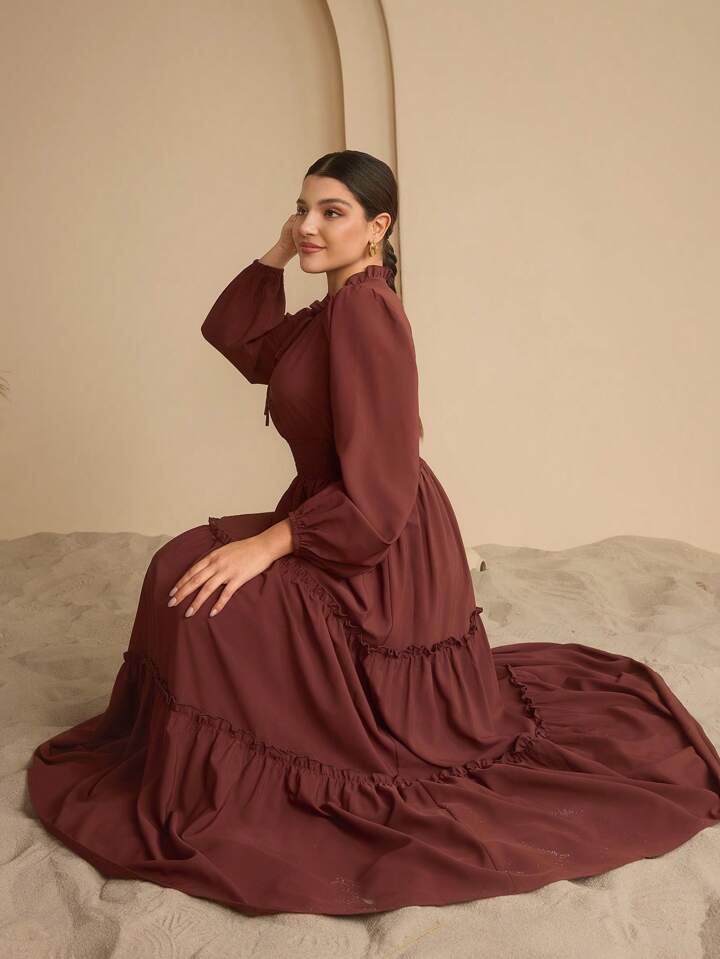 Women's Extra Long Ruffled Tiered A-Line Waist Cinching Long Dress