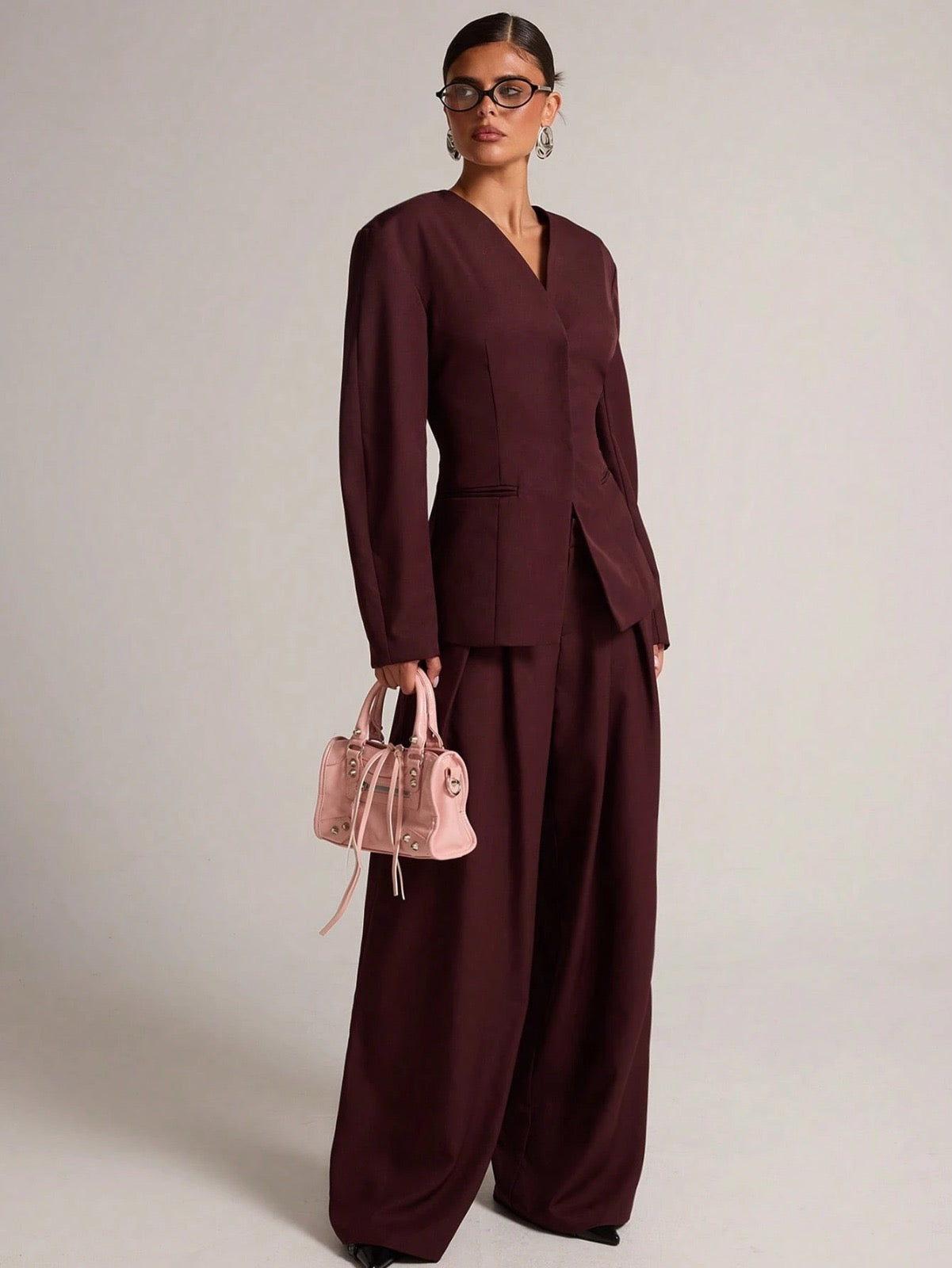 Deep Plum Long Sleeve Blazer Pants Set