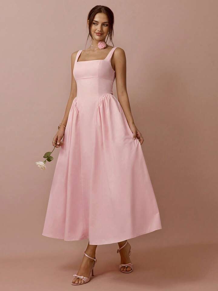 Women's Floral Print Big Bowknot Back Cinched Waist Sleeveless Frock
