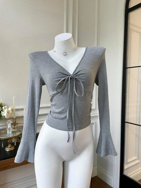 Women's Solid Color Bell Sleeve Crop T-Shirt With Tassel Detail