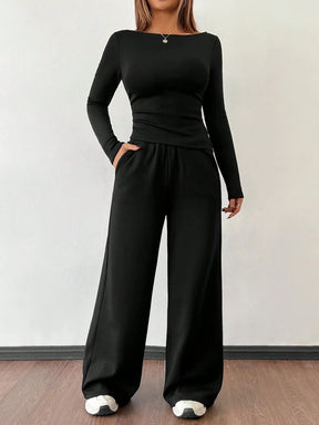 CASUAL 2PCS KNITTED SLIM TOP & WIDE LEG PANTS