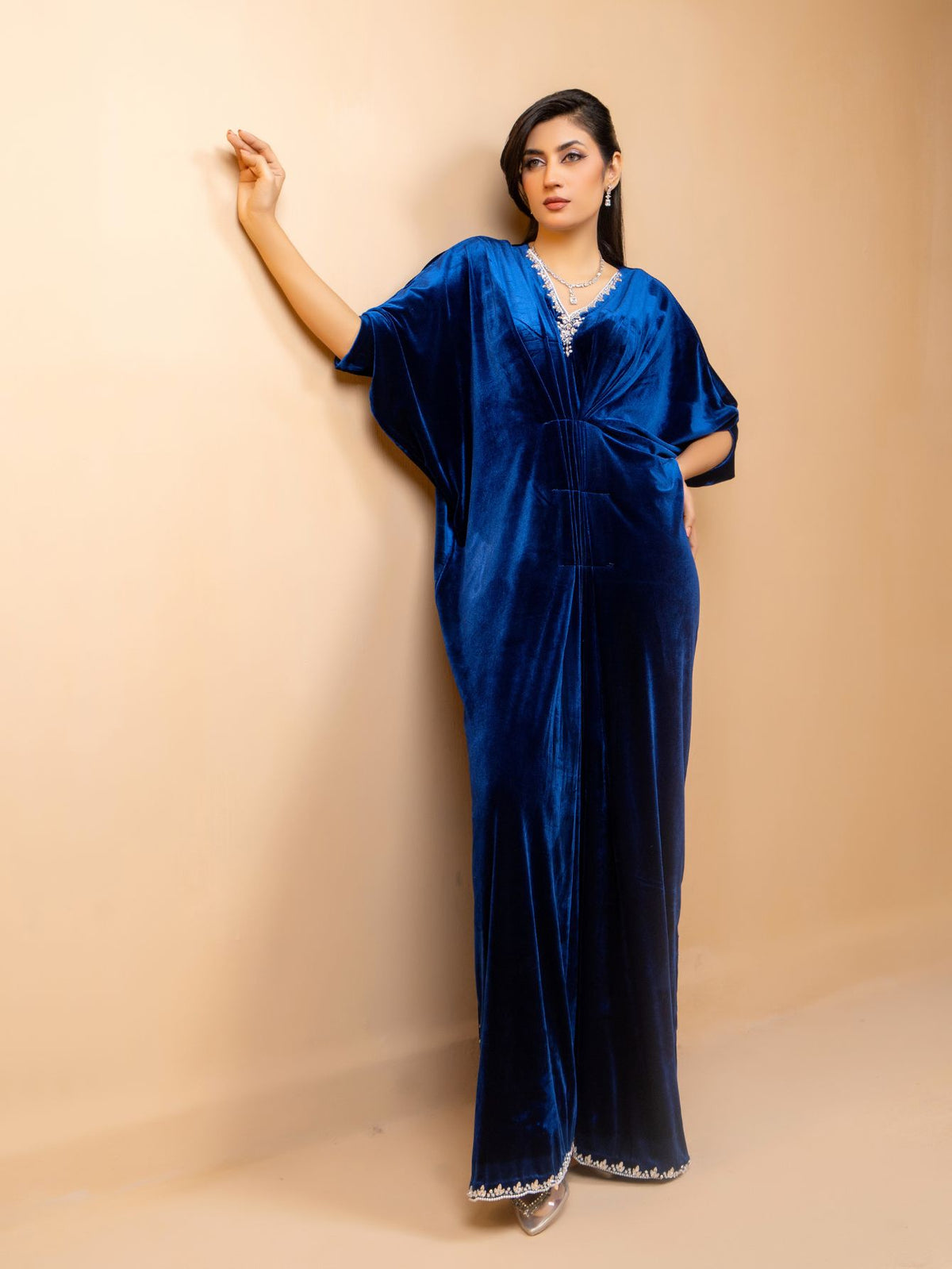 V NECK CONTRAST TAPE SPLIT HEM VELVET MODEST LONG SLEEVES DRESS