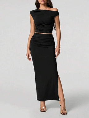 Women Oblique Shoulder Short Sleeve Top And Skirt Set