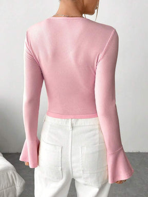 Women's Solid Color Bell Sleeve Crop T-Shirt With Tassel Detail